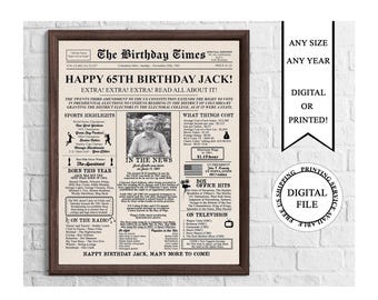 Newspaper Birthday Poster with Photo (Digital Download), 65th Birthday Sign Printable, Flashback to 1961, 65th Birthday Gift Personalized