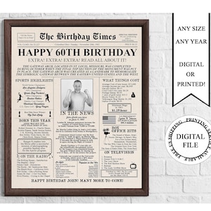 Póster de cumpleaños personalizado en forma de periódico con foto, cartel personalizado para el 60.° cumpleaños, póster de cumpleaños de 1965, en 1965, regalo para el 60.° cumpleaños
