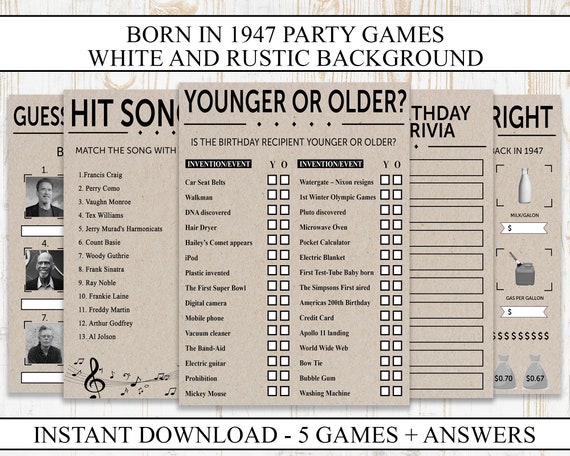 75th Birthday Party Games Printable Born in 1947 1940s Game - Etsy