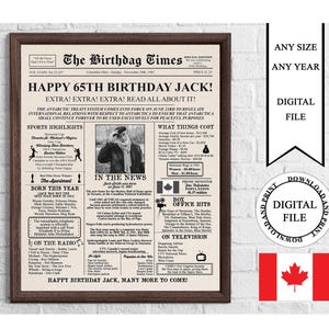 Póster canadiense personalizado de 65.º cumpleaños con foto, letrero imprimible, recuerdo de 1961, regalo para 65.º cumpleaños.