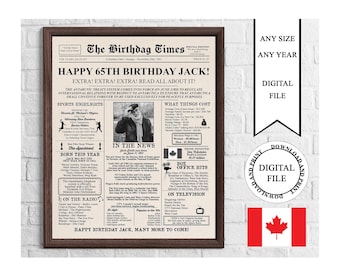 Canadian Personalized Newspaper 65th Birthday Poster with Photo, Printable 65th Birthday Sign, Flashback to 1961 Year, 65th Birthday Gift