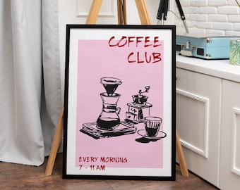 Coffee Club Retro Print, Aesthetic Printable Poster, Breakfast Wall Art, Trendy Wall Art, Coffee Retro Art, Bar Cart Art, Cute Kitchen Print