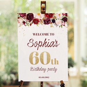 Signe de bienvenue d’anniversaire floral de Bourgogne, Affiche de bienvenue d’anniversaire imprimable, Panneau de bienvenue de roses de Bourgogne, 60e tableau de bienvenue imprimable