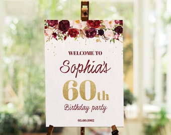 Burgundy Floral Birthday Welcome Sign, Birthday Welcome Poster Printable, Burgundy Roses Welcome Sign, 60th Welcome Board Printable