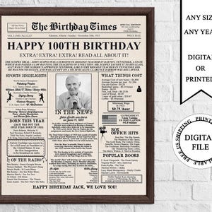 Affiche d'anniversaire personnalisée dans un journal avec photo imprimable 100e anniversaire, affiche d'anniversaire de 1925 Retour en 1925, cadeau de 100e anniversaire