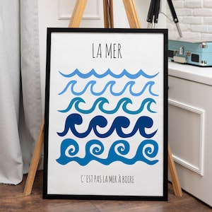 La Mer Minimalistisches Plakat, französischer zeitgenössischer Druck, Vintage Küstenwandkunst, blaue Meereswellendruck, Strandhauskunst, ästhetische Ozeankunst