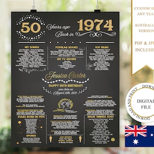 Australian 50th Birthday Poster, 50th Birthday Chalkboard, 1974 Birthday Poster, 1974 Birthday Facts, Back in 1974, 50th Birthday Gift