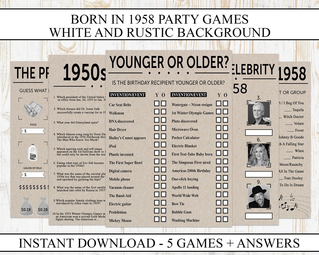 65th Birthday Party Games Printable Born in 1958 1950s Game Etsy
