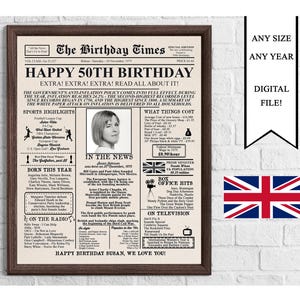 Britisches Zeitungs-Geburtstagsplakat mit Foto, UK-Version, 1975-Geburtstagsschild, 50 Jahre alt, vor 1975, 50