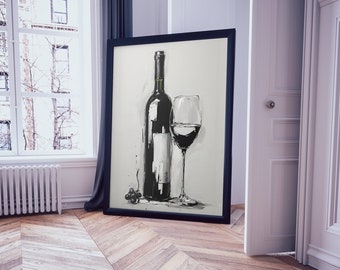 Wine Oil Painting Print, wine wall art, Retro Wall Print, Aesthetic Decor Kitchen Print, Bar Cart Wall Art, Black and White Wine Poster