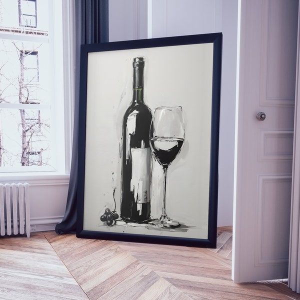 Wine Oil Painting Print, wine wall art, Retro Wall Print, Aesthetic Decor Kitchen Print, Bar Cart Wall Art, Black and White Wine Poster