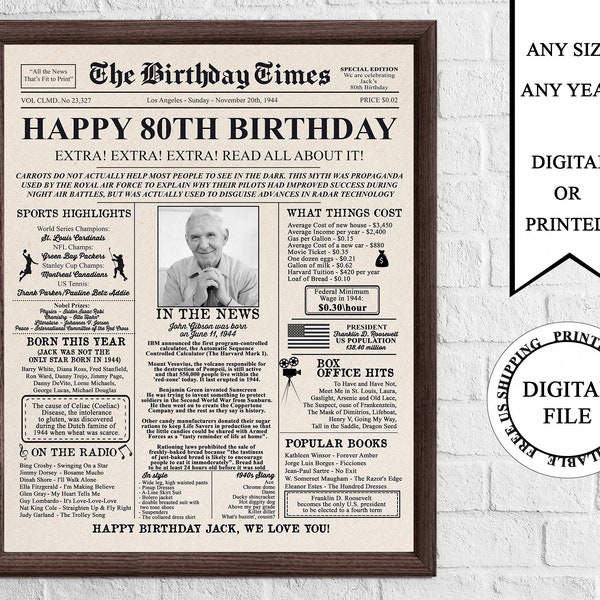 Personalisiertes Zeitungs-Geburtstagsplakat mit Foto, druckbares Schild zum 80er Geburtstag, 1944 Geburtstagsplakat, Zurück in 1944, Geschenk zum 80er Geburtstag