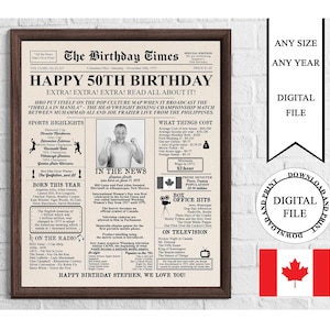 Canadian Newspaper 50th Birthday Poster with Photo, Printable 50th Birthday Sign, 50 Years Ago In 1975 Canada, 50th Birthday Gift