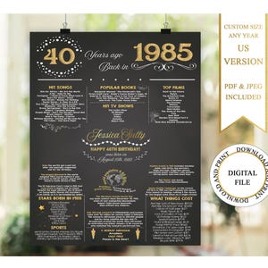 Póster de 40 cumpleaños, pizarra de 40 cumpleaños, póster de cumpleaños de 1985, datos sobre el cumpleaños de 1985, en 1985, regalo de 40 cumpleaños, negro y dorado