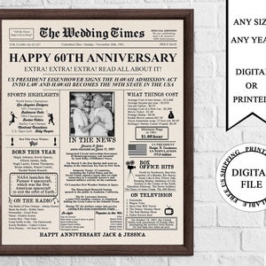 Personalized Newspaper Anniversary Poster with Photo, 1959 Anniversary Sign, 65 Years Ago In 1959, 65th Wedding Anniversary Board Printable