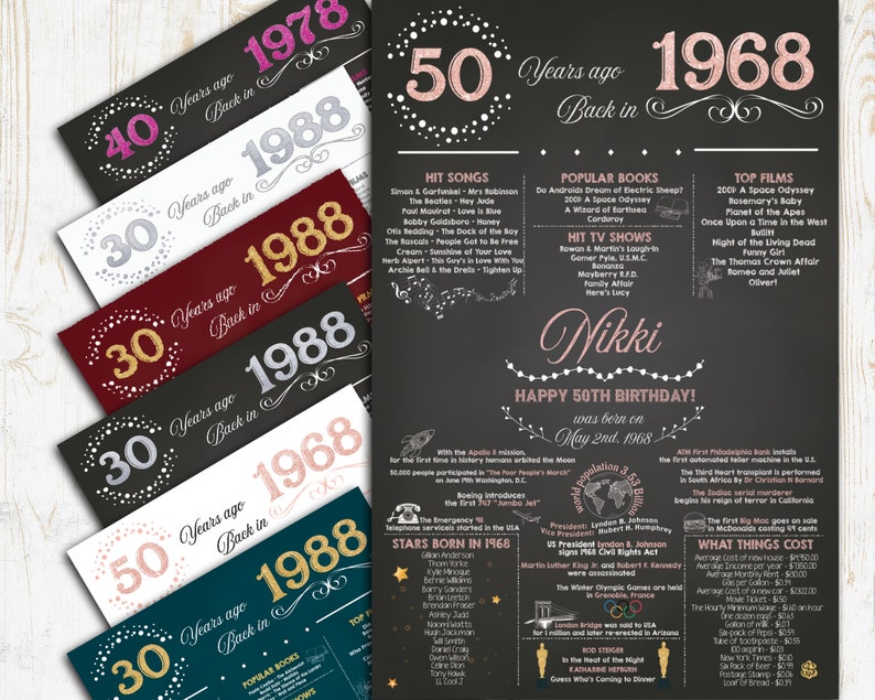 May include: A collection of birthday-themed prints with the text "50 Years Ago Back in 1968" and other years. The main print is black with pink text, listing popular songs, books, films, and events from 1968. Other prints are in various colors.