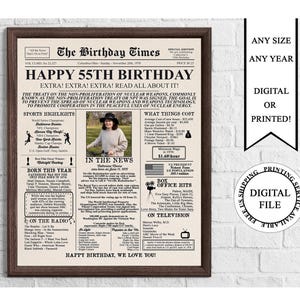 Póster de cumpleaños personalizado en forma de periódico con foto, cartel personalizado para el 55.° cumpleaños, póster de cumpleaños de 1970, en 1970, regalo para el 55.° cumpleaños