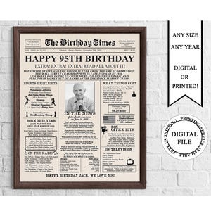 Póster de cumpleaños personalizado en forma de periódico con foto, cartel personalizado para el 95.° cumpleaños, póster de cumpleaños de 1930, en 1930, regalo para el 95.° cumpleaños