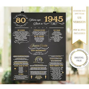 Póster de 80 cumpleaños, pizarra de 80 cumpleaños, póster de cumpleaños de 1945, datos sobre el cumpleaños de 1945, en 1945, regalo de 80 cumpleaños, negro y dorado