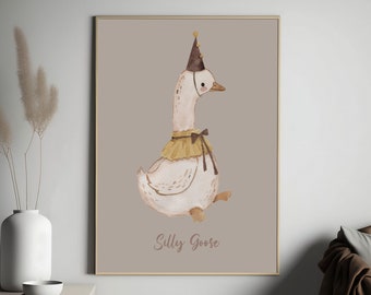 Silly Goose Art Print, Vintage Goose Wall Art, Nursery Wall Decoration, Neutral Goose Children's Room, Baby Girl Wall art, Baby Shower Gift