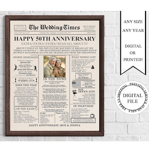Affiche personnalisée d'anniversaire de journal avec photo 1975, anniversaire de mariage il y a 50 ans en 1975, carte du 50e anniversaire de mariage imprimable