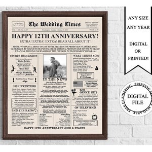 Poster personalizzato per anniversario di giornale con foto, cartello per il 12° matrimonio, anniversario di matrimonio, nel 2013, sposati nel 2013, regalo di nozze