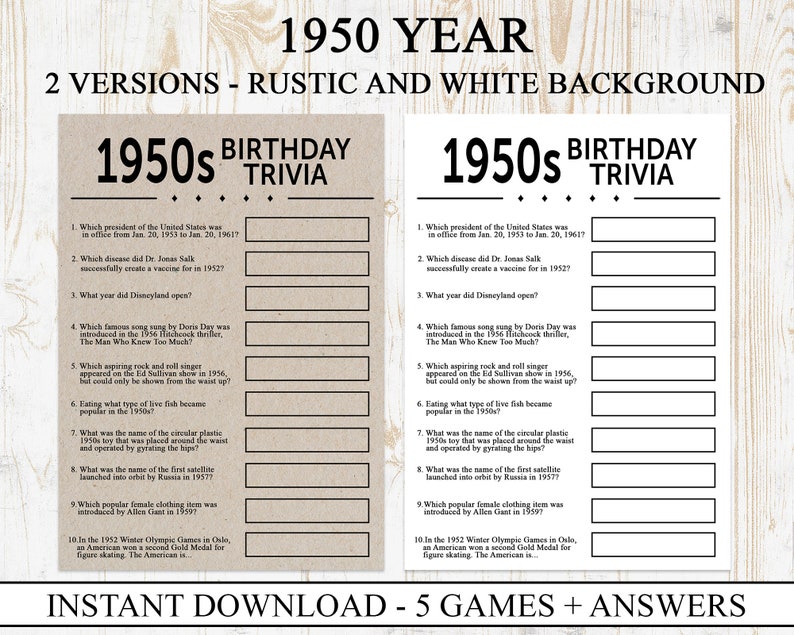 70th birthday party games printable born in 1950 1950s game etsy