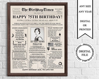 Personalized Newspaper Birthday Poster with Photo, Printable 75th Birthday Sign, 1949 Birthday Poster, Back in 1949, 75th Birthday Gift