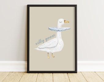 Silly Goose Art Print, Vintage Goose Wall Art, Nursery Wall Decoration, Blue Goose Children's Room Art, Baby Boy Wall art, Baby Shower Gift