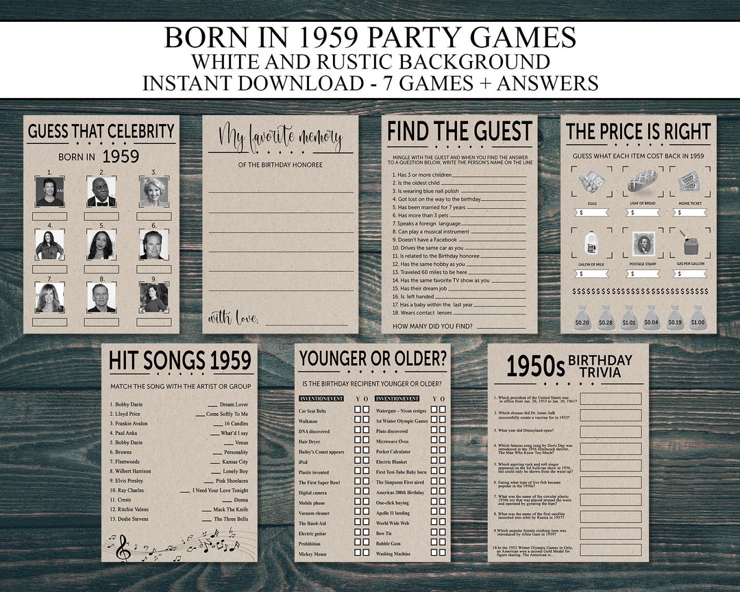 65th Birthday Party Games Printable, Born in 1959, 1950s Game, 65th