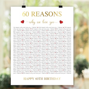60 Reasons Why We Love You, Birthday Gift, Personalized 60 Birthday Poster, 60 Years Ago, 60 Things We Love About You, Funeral Memory Board