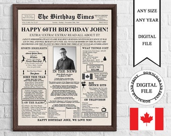 Canadian Personalized Newspaper Birthday Poster with Photo, Printable 60th Birthday Sign, 60 Years Ago In 1964, 60th Birthday Gift