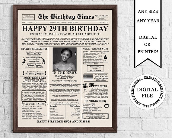 Personalized Newspaper Birthday Poster with Photo Printable | Etsy