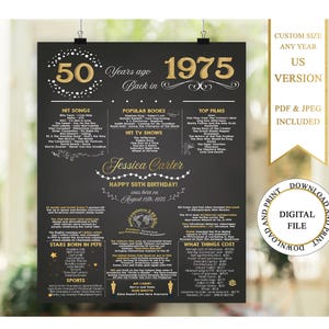 Póster de 50 cumpleaños, pizarra de 50 cumpleaños, póster de cumpleaños de 1975, datos sobre el cumpleaños de 1975, en 1975, regalo de 50 cumpleaños, negro y dorado
