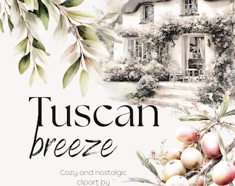 Imágenes prediseñadas de la Toscana: acuarela de la campiña italiana, flores, olivos y elementos vintage.