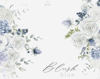 imágenes prediseñadas florales azules: flores de acuarela, ramos de novia, PNG botánico con línea dorada