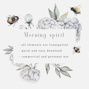 Pode incluir: Ilustra&ccedil;&atilde;o de aquarela de pe&ocirc;nias brancas e abelhas com o texto "Morning spirit" e a descri&ccedil;&atilde;o "todos os elementos s&atilde;o transparentes, download r&aacute;pido e f&aacute;cil, uso comercial e pessoal".