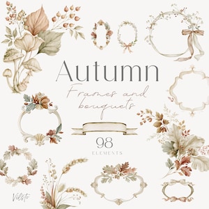 Può includere: Una collezione digitale di 98 elementi grafici a tema autunnale che include illustrazioni ad acquerello di funghi, foglie secche, steli di grano, bacche, cornici ornate e nastri con il testo Autumn Frames and bouquets 98 ELEMENTS.