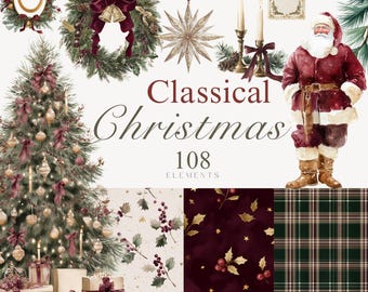 Könnte beinhalten: Eine digitale Sammlung von 108 klassischen Weihnachtselementen mit einem geschmückten Tannenbaum, einer Weihnachtsmannfigur, einem Kranz mit dunkelroter Schleife, einem Stern, Kerzen sowie Mustern mit Stechpalmenbeeren und grünem Schottenkaro.
