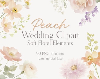 Imágenes prediseñadas de boda en tonos melocotón, delicados elementos florales PNG, gráficos románticos botánicos para bodas, uso comercial.