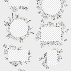 Pode incluir: Conjunto de oito molduras florais em aquarela com fundo transparente. As molduras apresentam flores brancas e folhas verdes. O texto "Morning spirit" est&aacute; no topo da imagem.