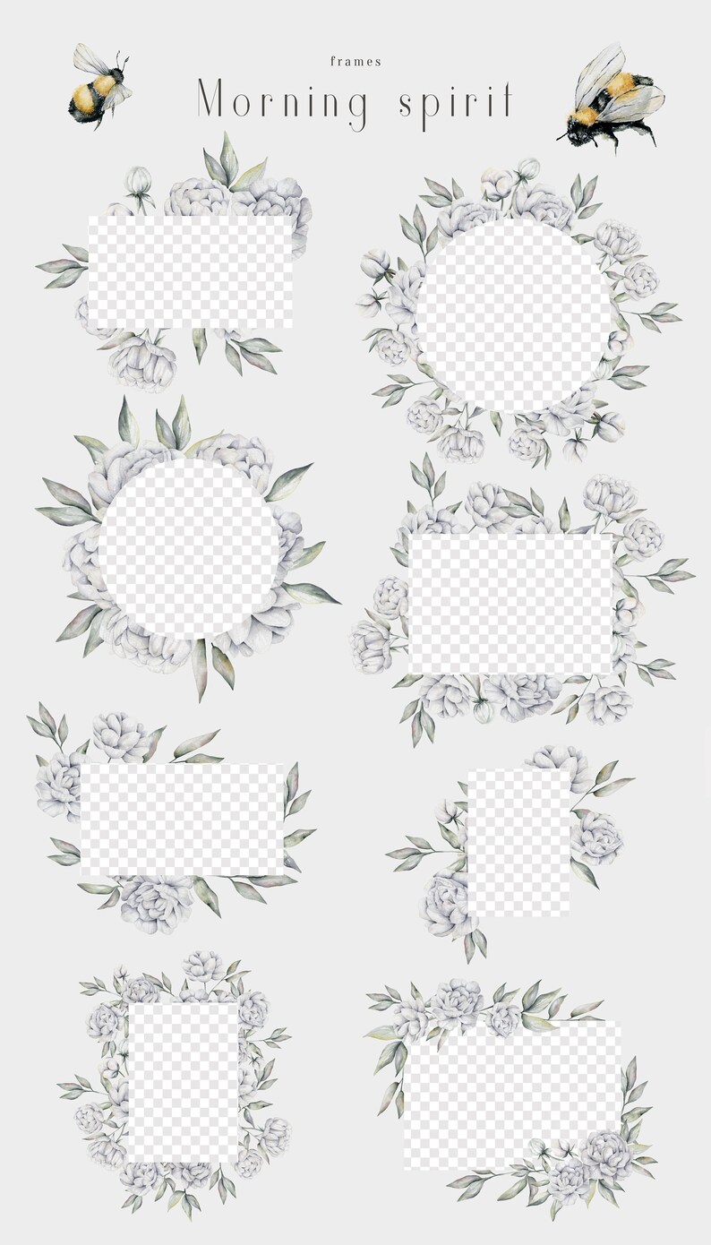 Pode incluir: Conjunto de oito molduras florais em aquarela com fundo transparente. As molduras apresentam flores brancas e folhas verdes. O texto "Morning spirit" est&aacute; no topo da imagem.