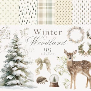 May include: A digital collection of 99 Winter Woodland elements featuring a snow-covered pine tree, a brown spotted deer, a hedgehog, a glass snow globe, a beige ribbon bow, floral wreaths, and various patterned backgrounds with trees and plaid.