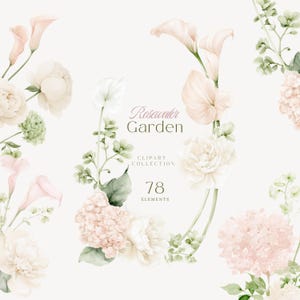 Pode incluir: Uma coleção de clipart digital intitulada Rosawater Garden com 78 elementos. O design apresenta ilustrações em aquarela de copos-de-leite, peônias, hortênsias rosa-pálido e brancas, e folhagem verde dispostas em uma moldura oval.