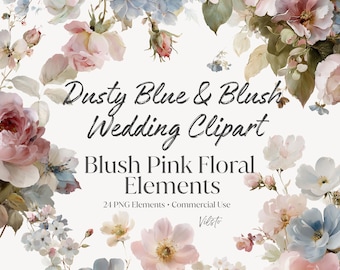 Imágenes prediseñadas de boda en tonos azul empolvado y rubor, elementos florales románticos en formato PNG (descarga digital).