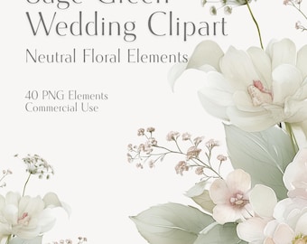 Imágenes prediseñadas de boda en verde salvia, elementos florales en verde suave, PNG botánico (descarga instantánea)