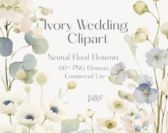 Imágenes prediseñadas de boda en color marfil, elementos florales neutros en formato PNG, más de 60 gráficos botánicos para bodas, uso comercial.