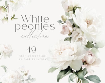 Pacote de Clipart de Peônias Brancas em Aquarela, Elementos Florais para Casamento (Download Digital)