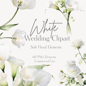 Op de afbeelding: Waterverf illustratie van witte bloemen, waaronder tulpen, calla's en rozen, met groene bladeren. De tekst luidt "White Wedding Clipart" en "Soft Floral Elements". De afbeelding vermeldt ook "60 PNG Elements Commercial Use".