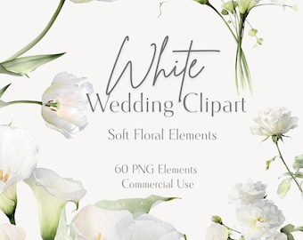 Imágenes prediseñadas de boda en blanco, elementos PNG florales suaves, más de 60 gráficos botánicos para bodas, uso comercial.